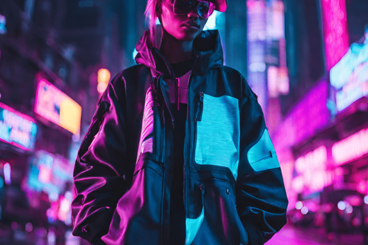 Cyberpunk street wear in a neon-lit metropolis